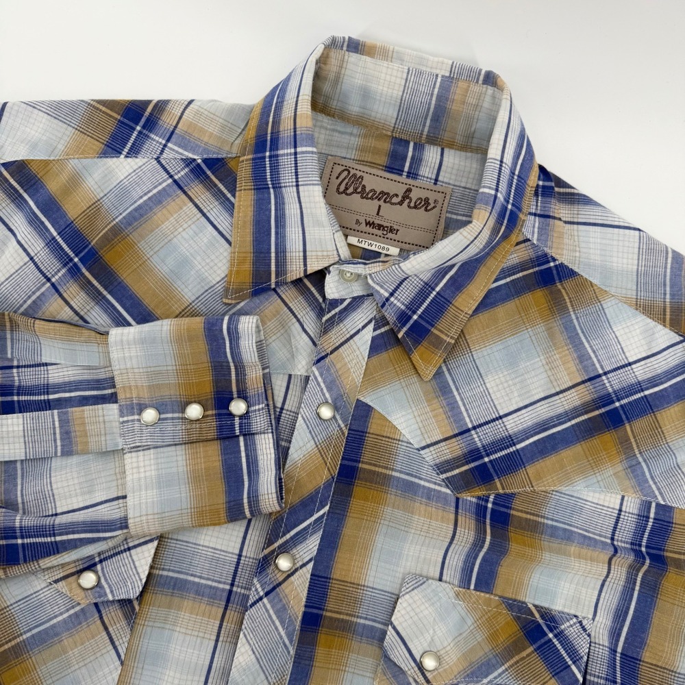 Wrangler Wrancher Western Snap Shirt Mens L Blue Tan Plaid MTW1089